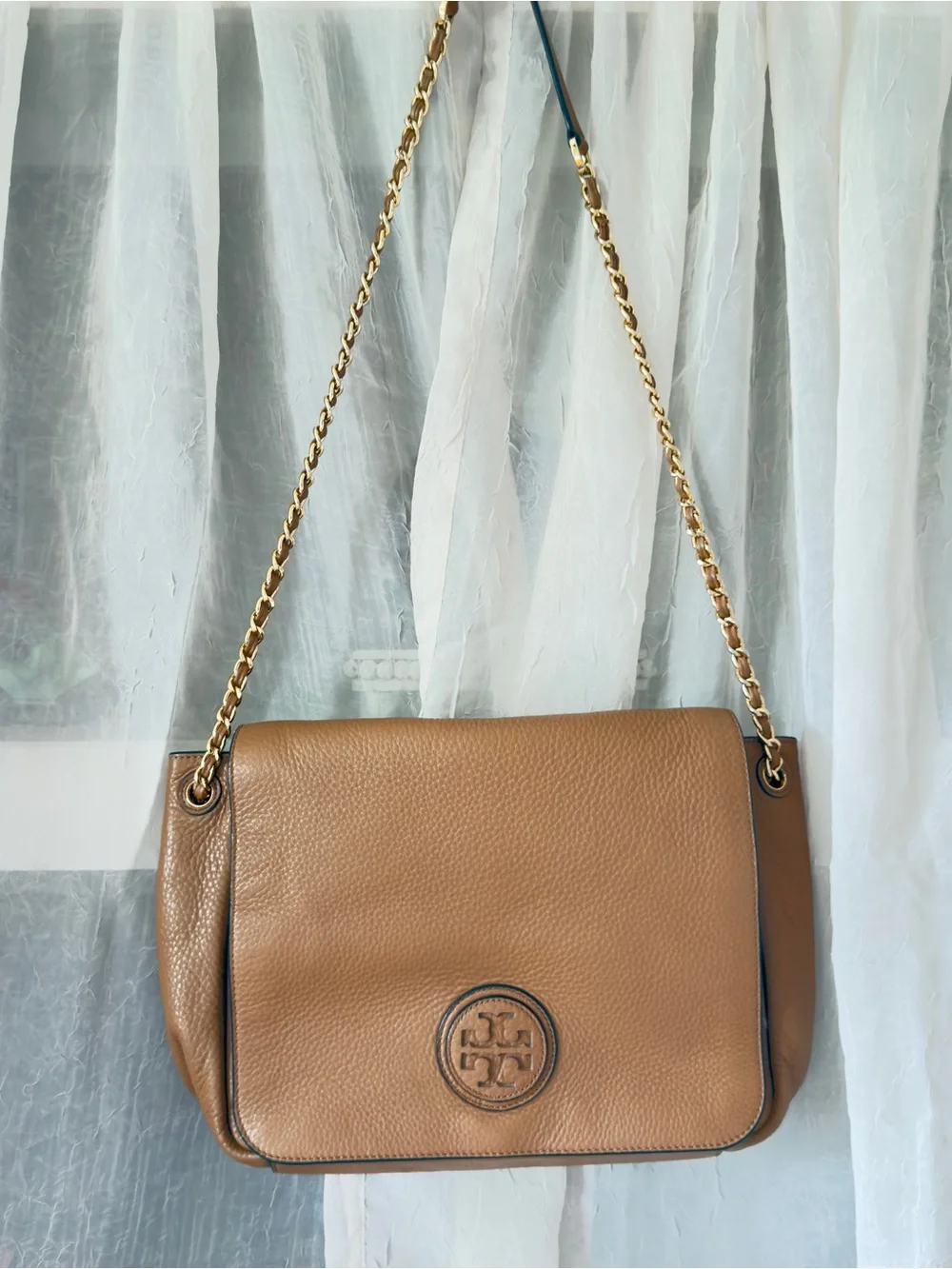 Tory Burch Camel Leather Chain Shoulder Bag with Gold Hardware